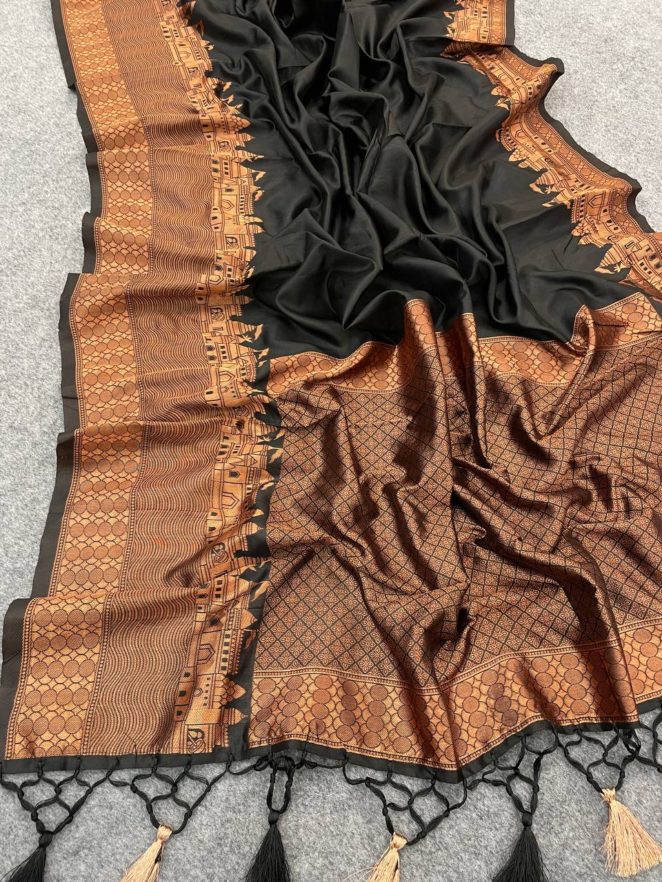 Black Pure Soft Silk Saree Weaved With Copper Zari