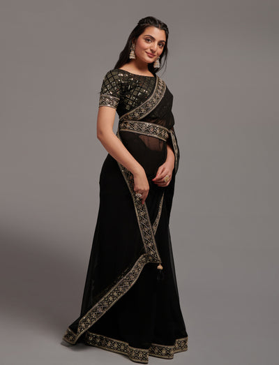 Premium Chinon Fabric heavy codding - sequence border lace saree with blouse