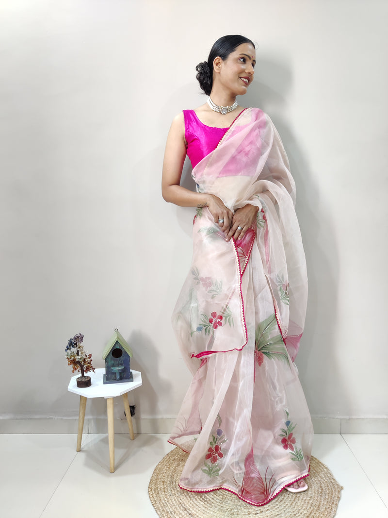Coconut Heavy Soft Organza with handprinted with Fail work border lace saree
