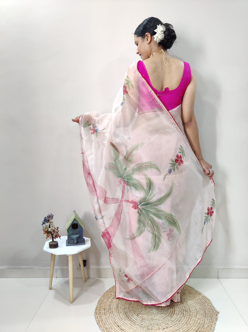 Coconut Heavy Soft Organza with handprinted with Fail work border lace saree