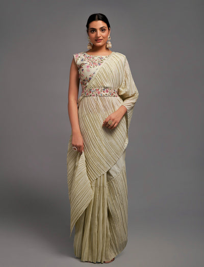 Chinnon Fabric Crush Pleated Saree with sequence and Multi-Thread Work Blouse