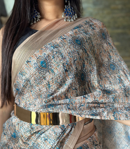 Ready to wear Golden Zari Lining Georgette Fabric With Digital Print Saree