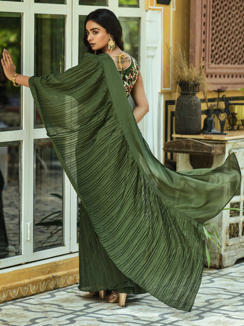 Chinnon Fabric Half-Crush Saree with sequence, Multi-Thread Blouse, and Belt