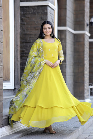 Ananya : Premium Yellow-Haldi Readymade Faux Blooming Gown-Dupatta