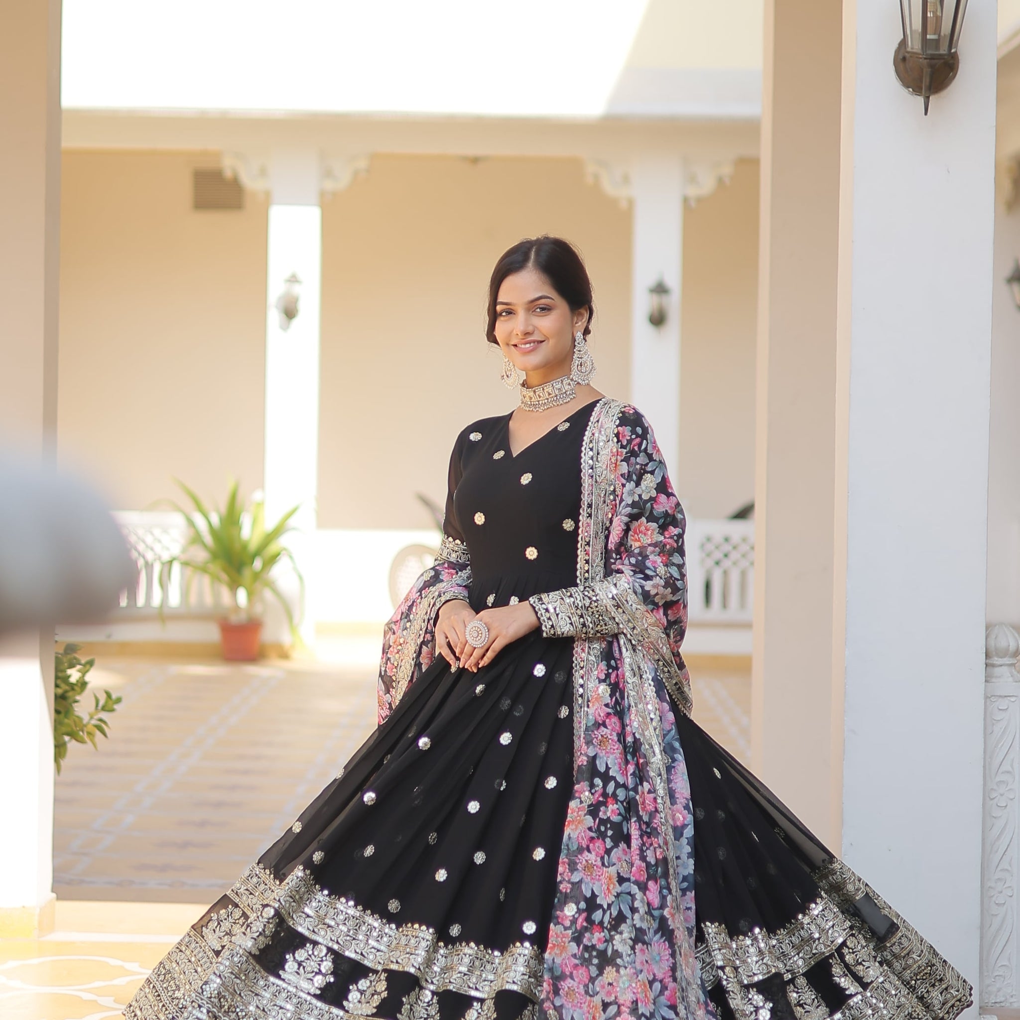 Deepa : Luxurious Faux Georgette Gown made with Embroidery, Zari, and Sequins-work