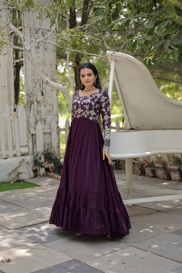 Zoya : Faux Blooming Gown with Viscose Dyeable Jacquard & Sequins Embroidery