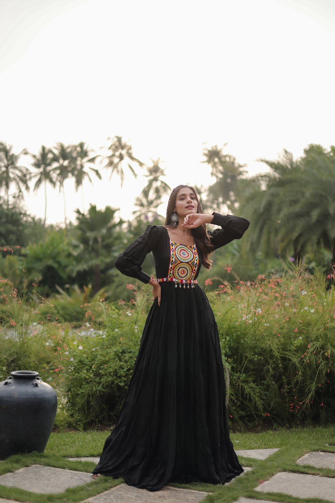 Falguni : Ethnic Elegance Redefined: Black Rayon Gown with Kutchi Gamthi Work