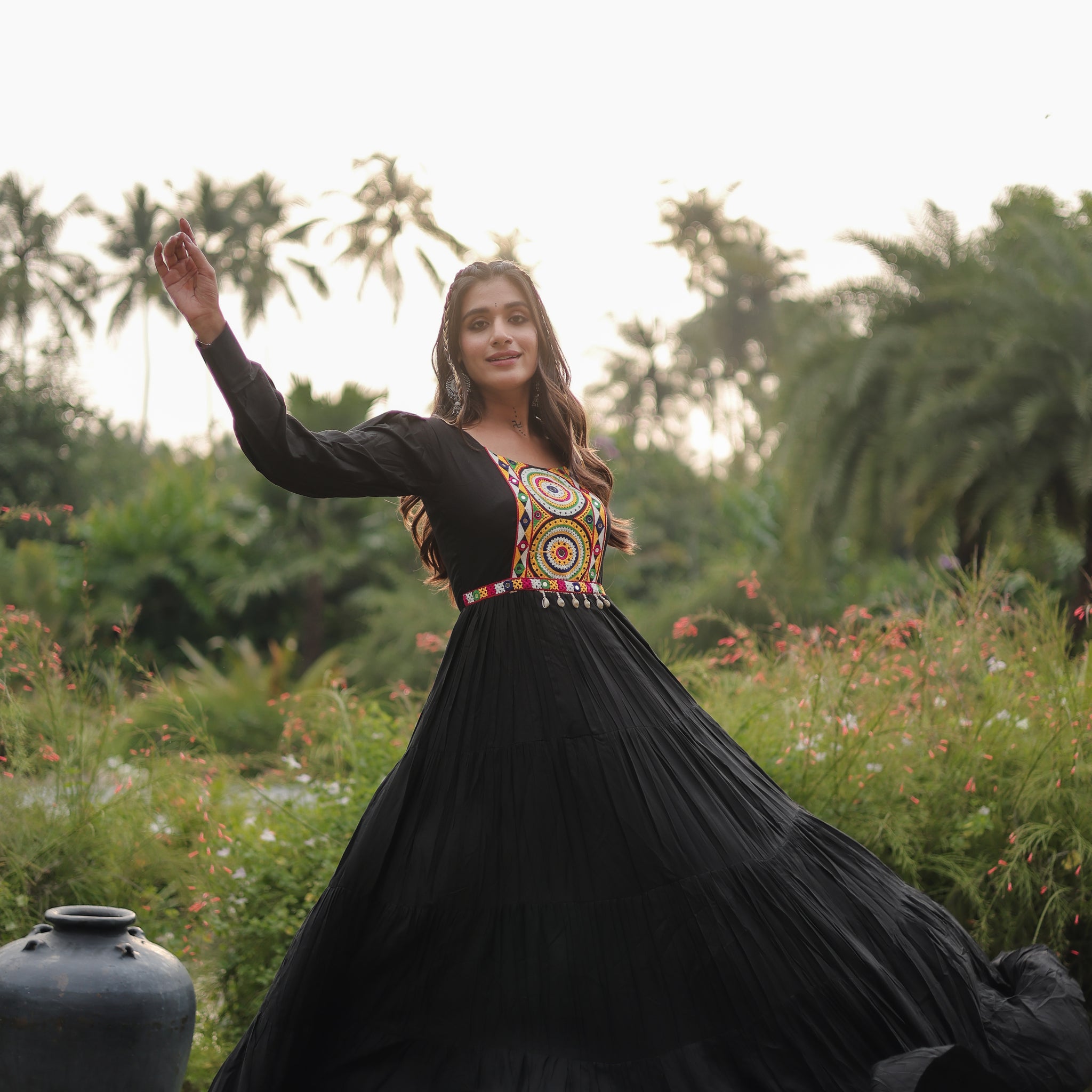 Falguni : Ethnic Elegance Redefined: Black Rayon Gown with Kutchi Gamthi Work