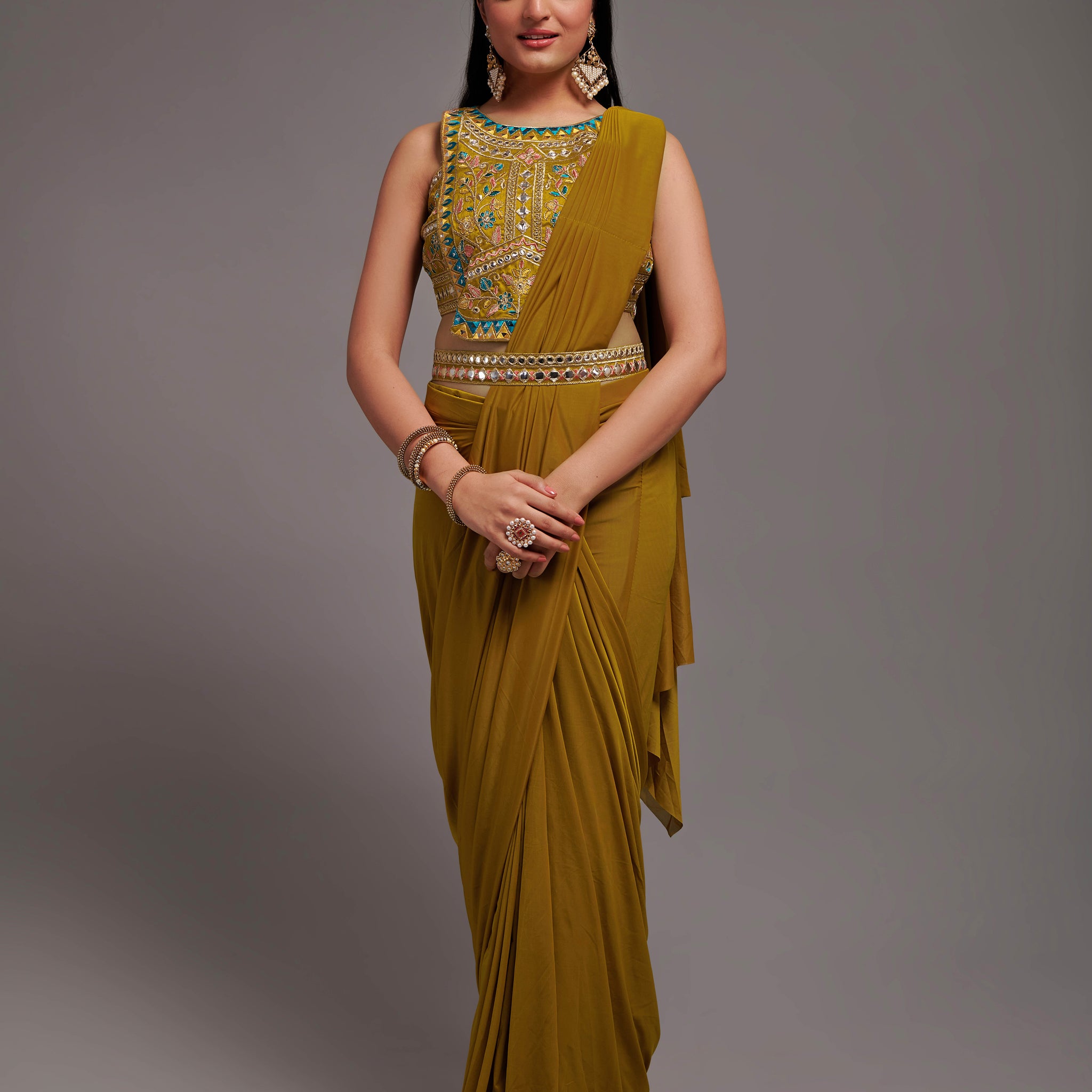 Ready To Wear Patali/Pallu stitched Style 1 Min Saree With Full Stitch Blouse