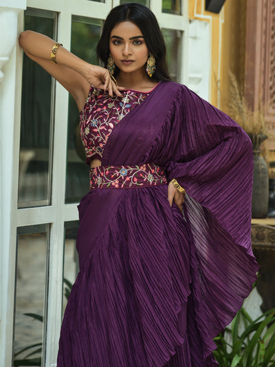 Chinnon Fabric Half-Crush Saree with sequence, Multi-Thread Blouse, and Belt