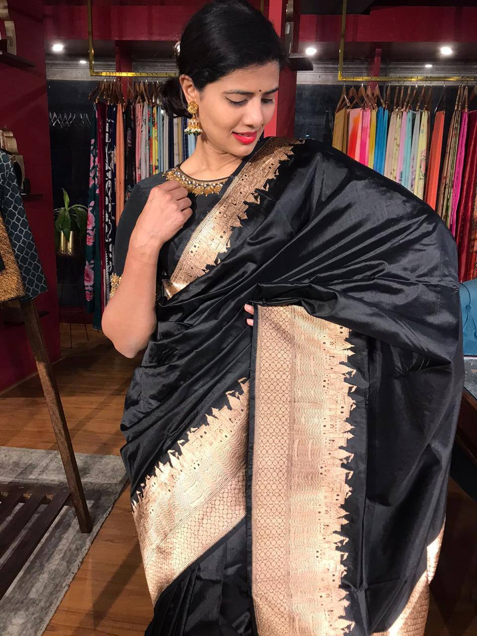 Black Pure Soft Silk Saree Weaved With Copper Zari