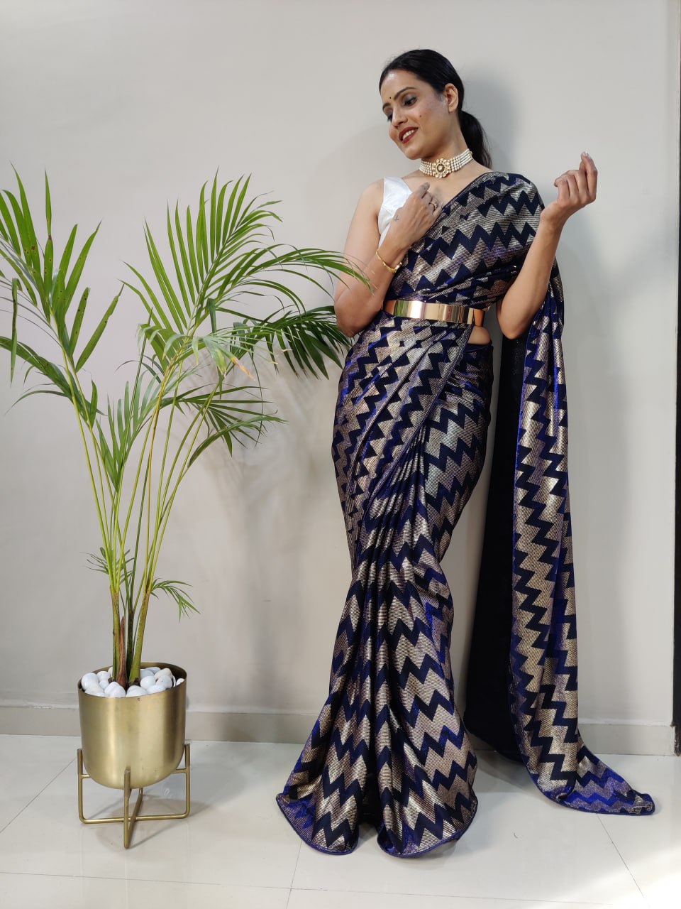 Navy Blue Color Zig Zag Netting One Minute Wear Saree