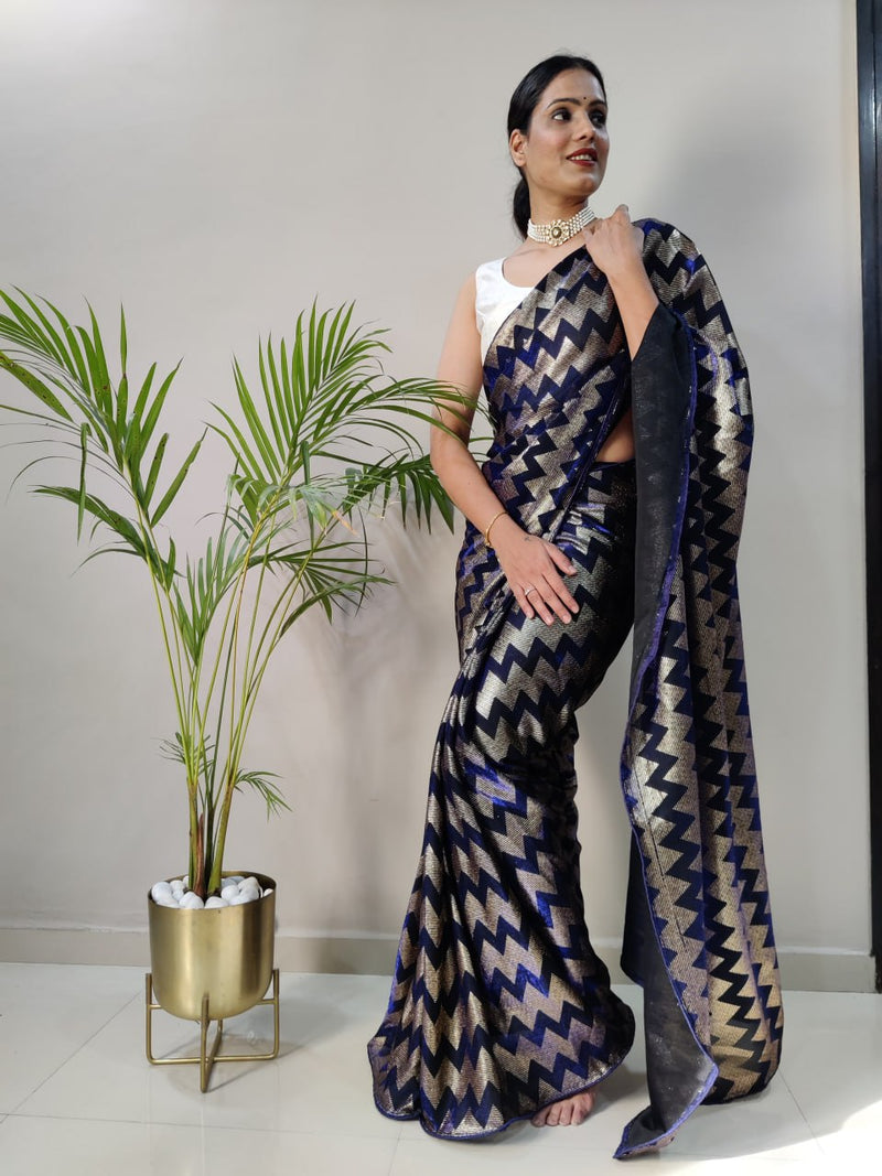 Navy Blue Color Zig Zag Netting One Minute Wear Saree