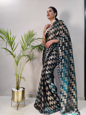 Turquoise Color Zig Zag Netting One Minute Wear Saree